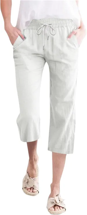 Womens Linen Capris Pants Summer Casual Drawstring Pants High Waisted Comfy Lightweight Loose Trousers with Pockets