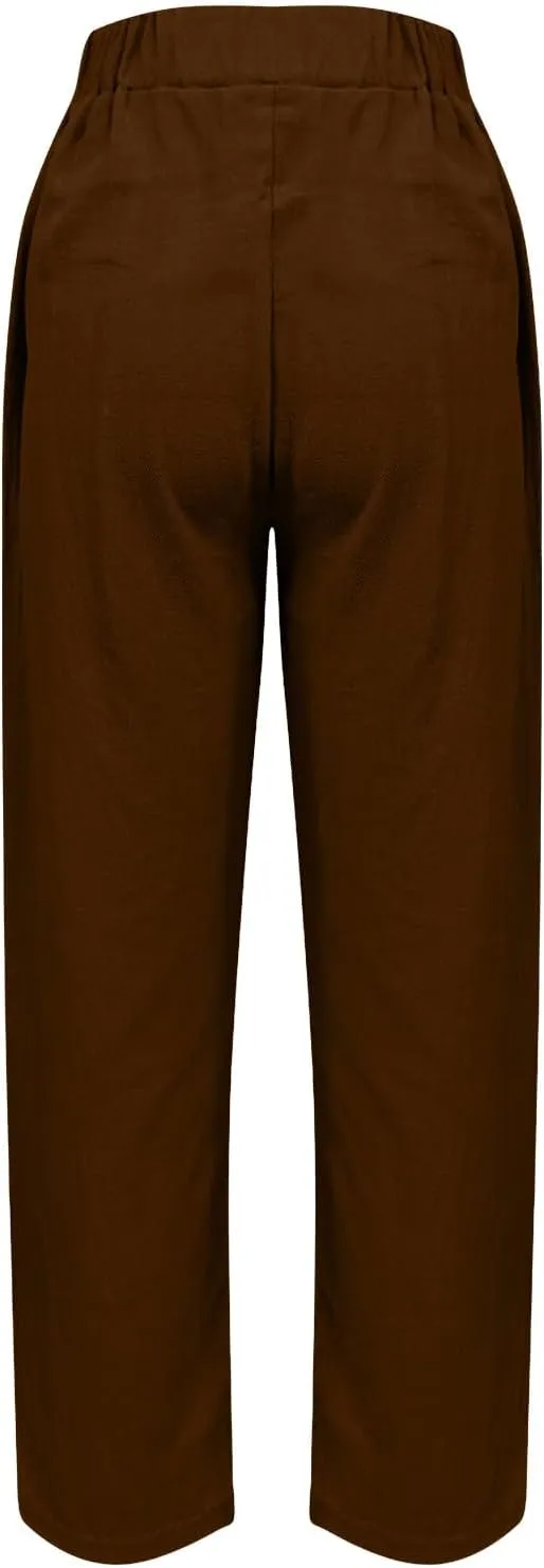 Womens Linen Pants Cropped Loose Elastic High Waisted Comfy Trousers Summer Lightweight Casual Straight Pant Pockets