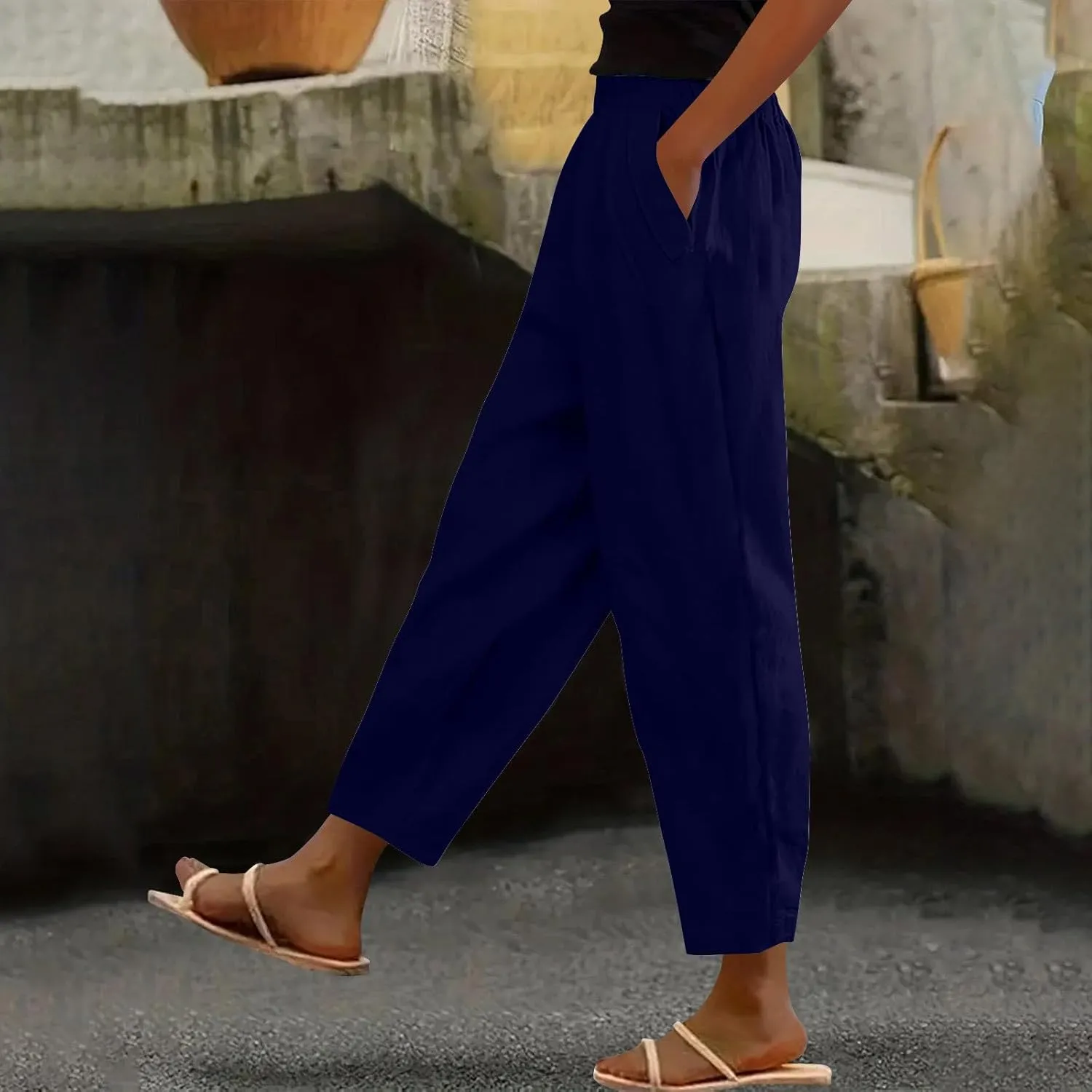 Womens Linen Pants Cropped Loose Elastic High Waisted Comfy Trousers Summer Lightweight Casual Straight Pant Pockets