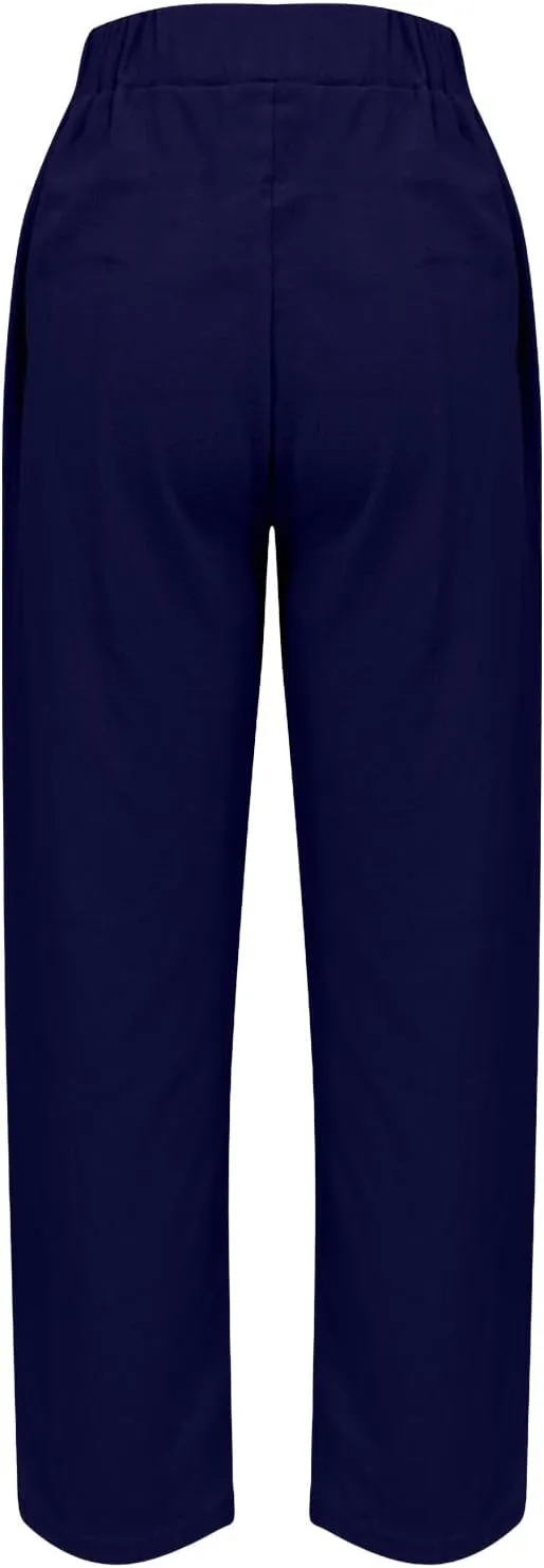 Womens Linen Pants Cropped Loose Elastic High Waisted Comfy Trousers Summer Lightweight Casual Straight Pant Pockets