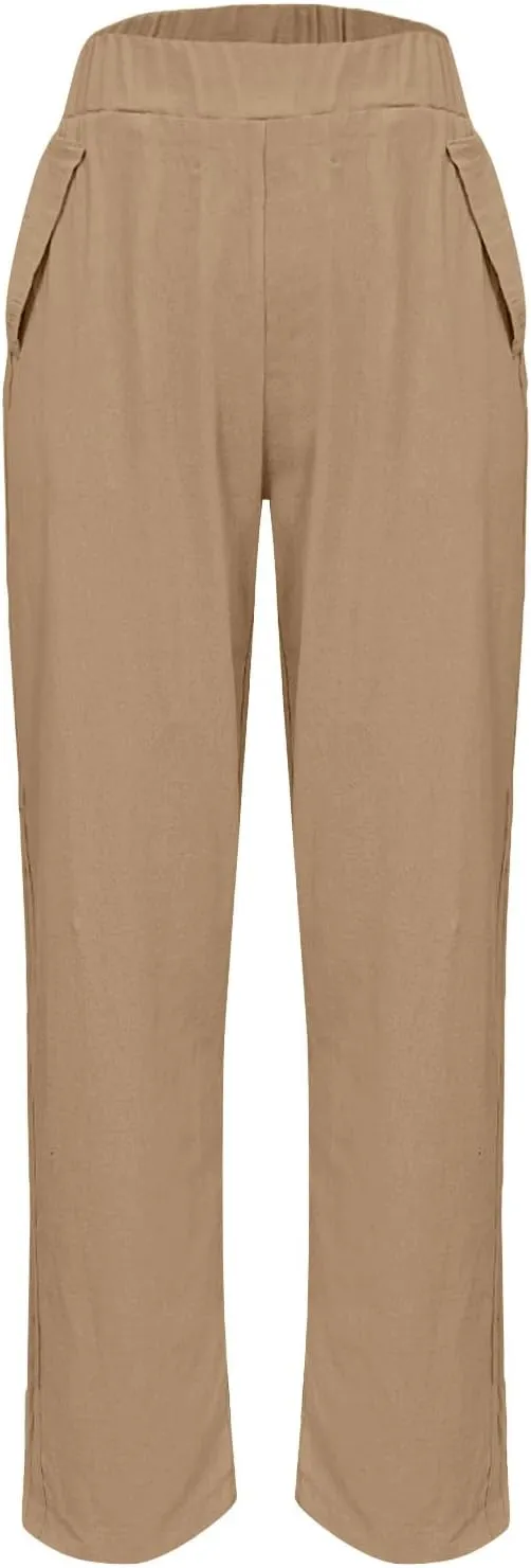 Womens Linen Pants Cropped Loose Elastic High Waisted Comfy Trousers Summer Lightweight Casual Straight Pant Pockets