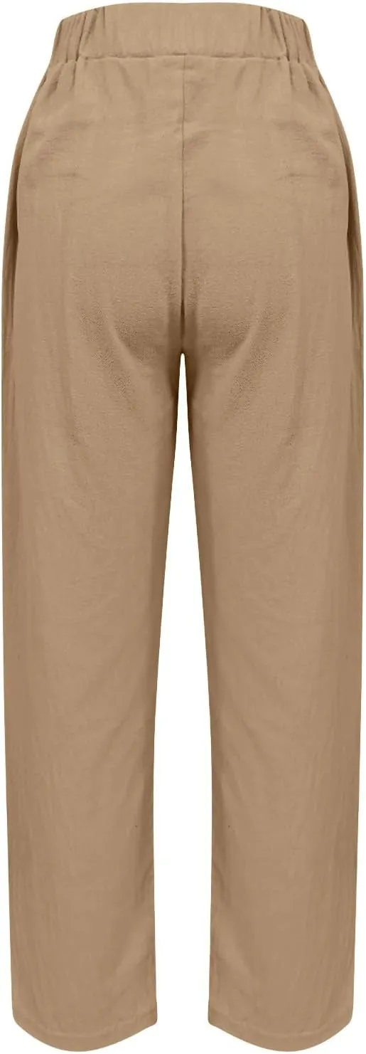 Womens Linen Pants Cropped Loose Elastic High Waisted Comfy Trousers Summer Lightweight Casual Straight Pant Pockets