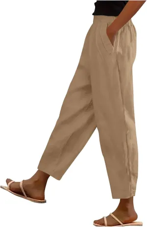 Womens Linen Pants Cropped Loose Elastic High Waisted Comfy Trousers Summer Lightweight Casual Straight Pant Pockets