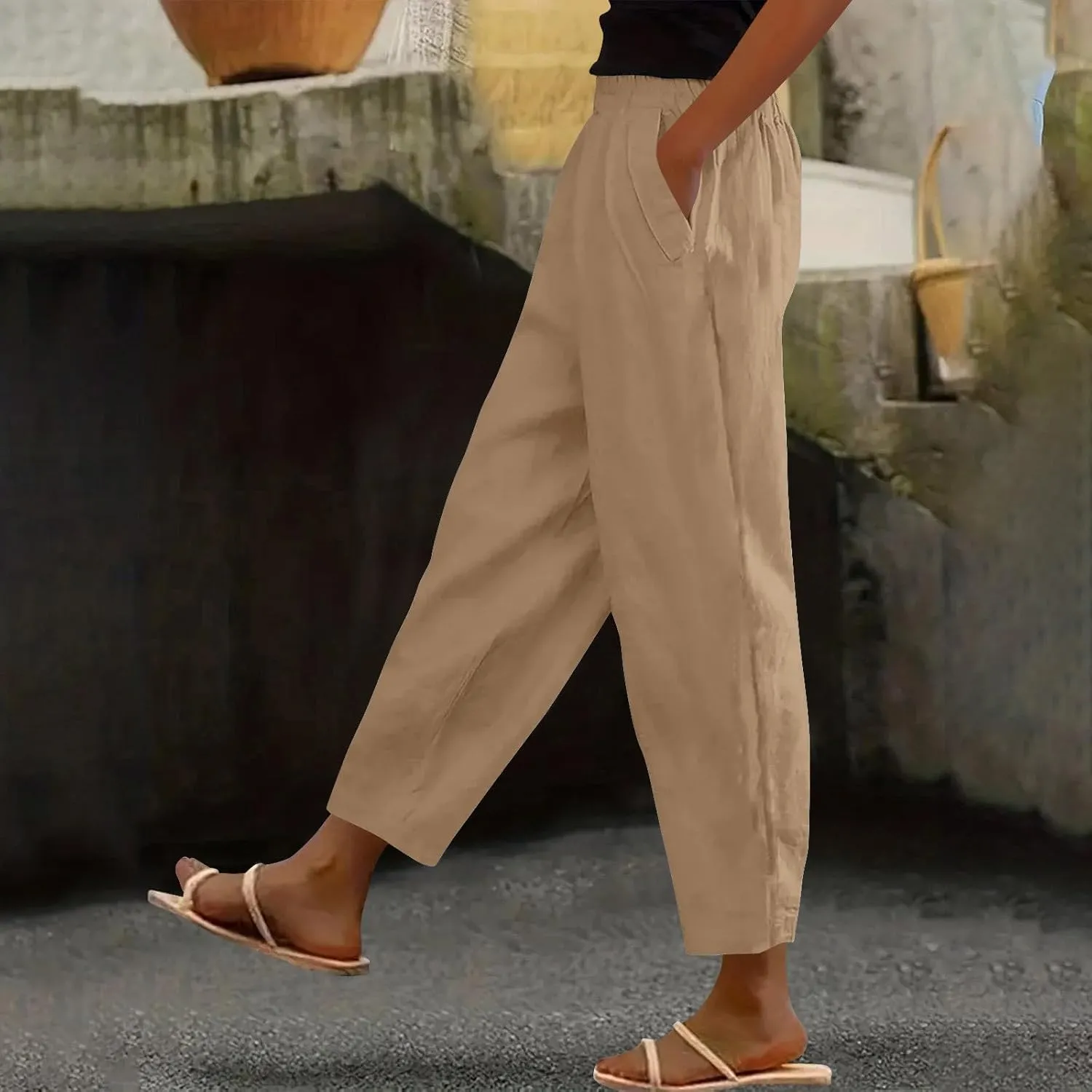 Womens Linen Pants Cropped Loose Elastic High Waisted Comfy Trousers Summer Lightweight Casual Straight Pant Pockets