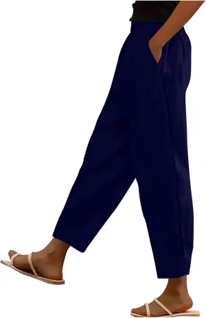 Womens Linen Pants Cropped Loose Elastic High Waisted Comfy Trousers Summer Lightweight Casual Straight Pant Pockets