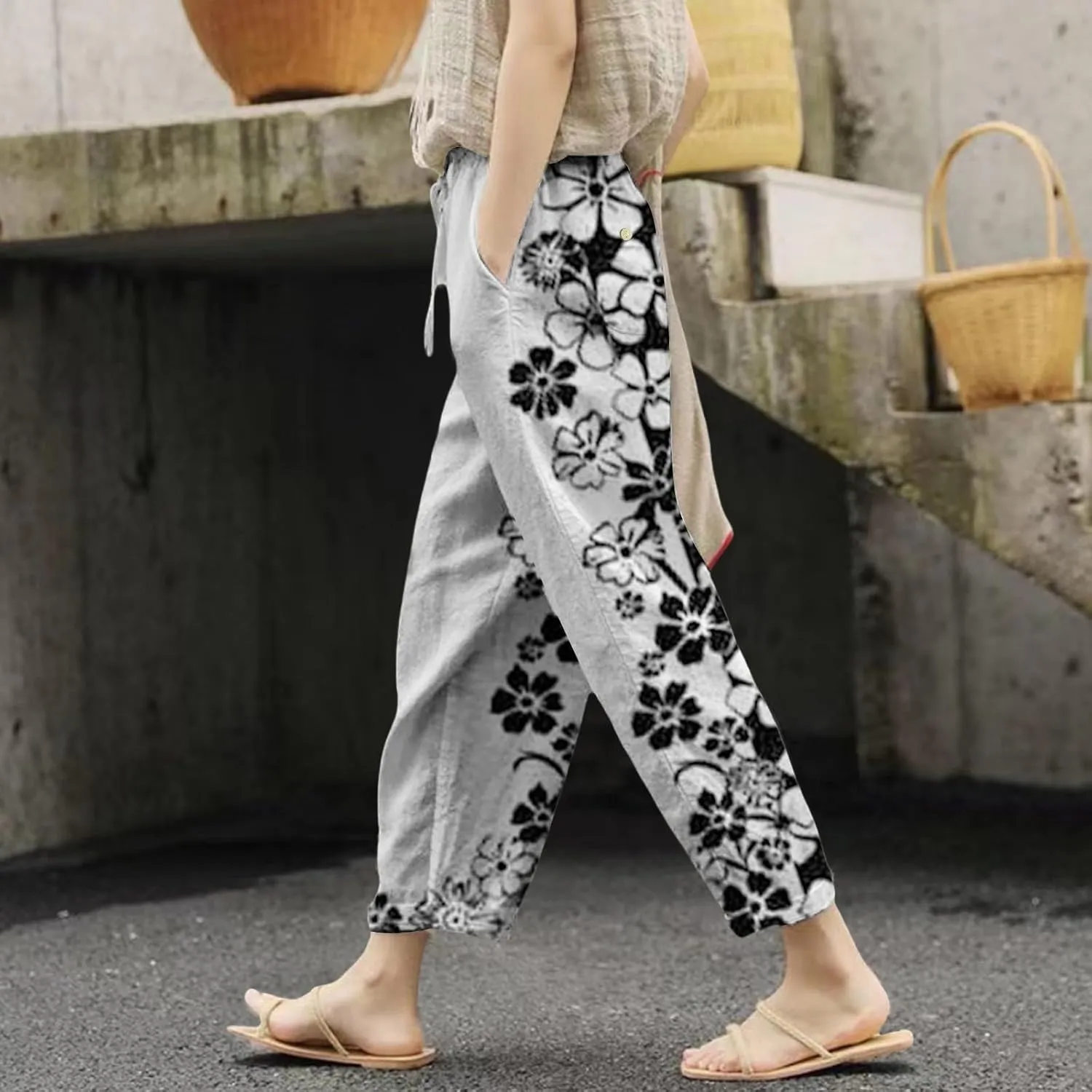 Womens Linen Pants Summer Casual Drawstring Pants Casual Elastic Waist Comfy Trousers Capri Pants for Women Jeggings