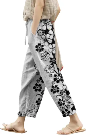 Womens Linen Pants Summer Casual Drawstring Pants Casual Elastic Waist Comfy Trousers Capri Pants for Women Jeggings