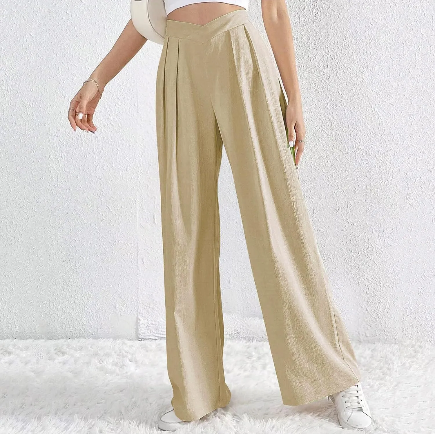 Womens Linen Pants Summer Casual Wide Leg Palazzo Pants Loose Fit Pleated High Waist Work Slack Flowy Beach Trousers