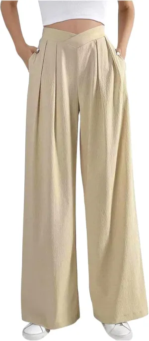 Womens Linen Pants Summer Casual Wide Leg Palazzo Pants Loose Fit Pleated High Waist Work Slack Flowy Beach Trousers