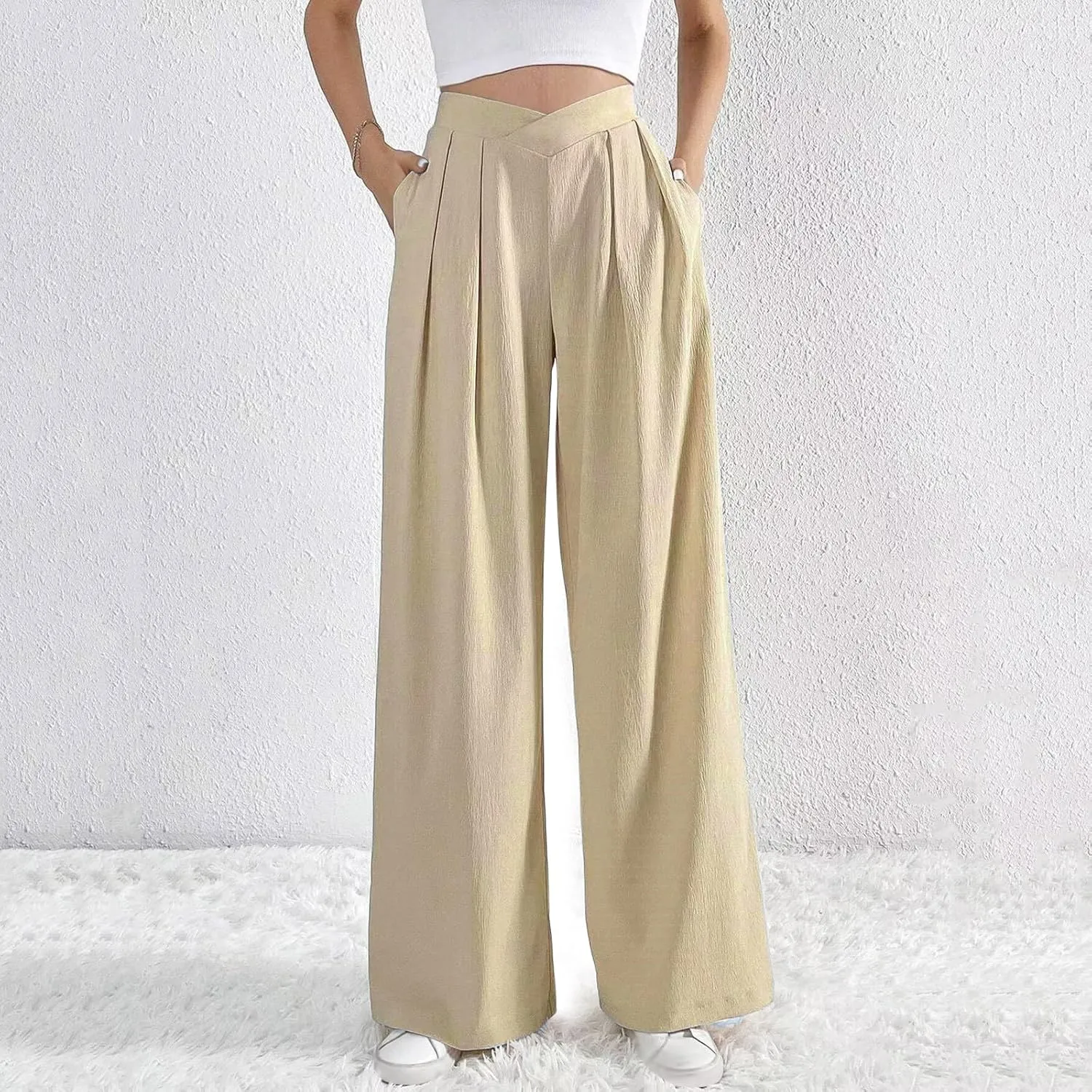 Womens Linen Pants Summer Casual Wide Leg Palazzo Pants Loose Fit Pleated High Waist Work Slack Flowy Beach Trousers