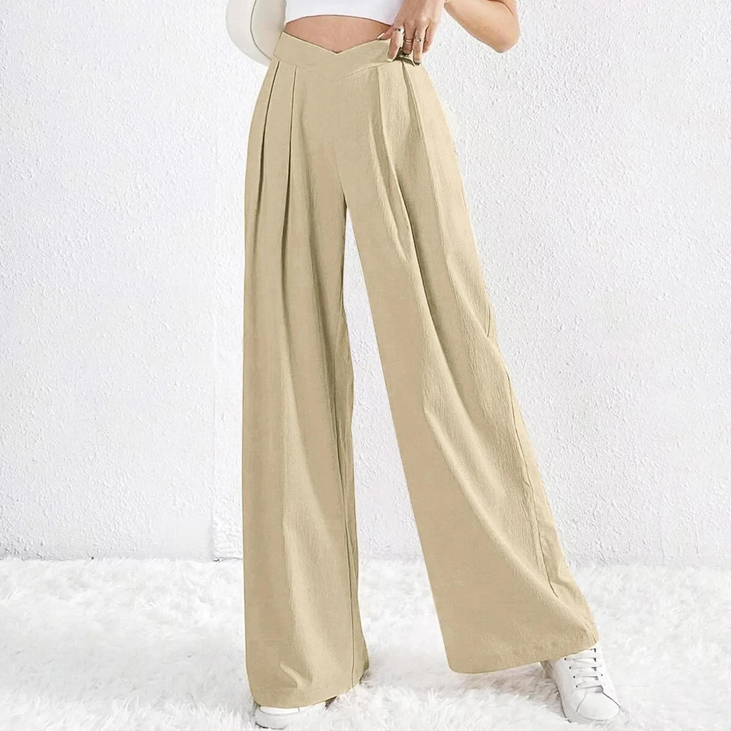 Womens Linen Pants Summer Casual Wide Leg Palazzo Pants Loose Fit Pleated High Waist Work Slack Flowy Beach Trousers