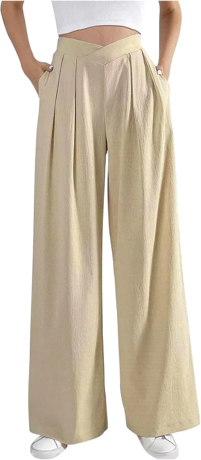 Womens Linen Pants Summer Casual Wide Leg Palazzo Pants Loose Fit Pleated High Waist Work Slack Flowy Beach Trousers