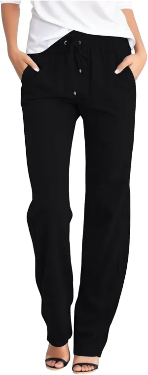 Women's Linen Summer Boho Pant Trousers Elastic Waisted Bootcut Slim Fit Pant Trousers Work Business