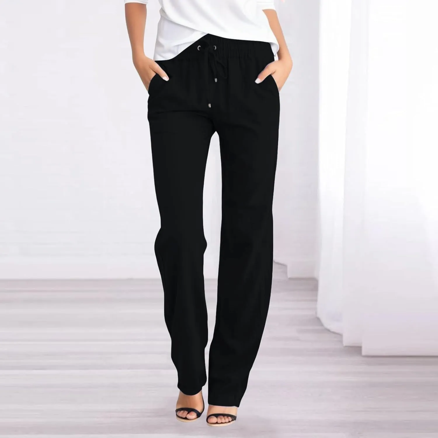 Women's Linen Summer Boho Pant Trousers Elastic Waisted Bootcut Slim Fit Pant Trousers Work Business