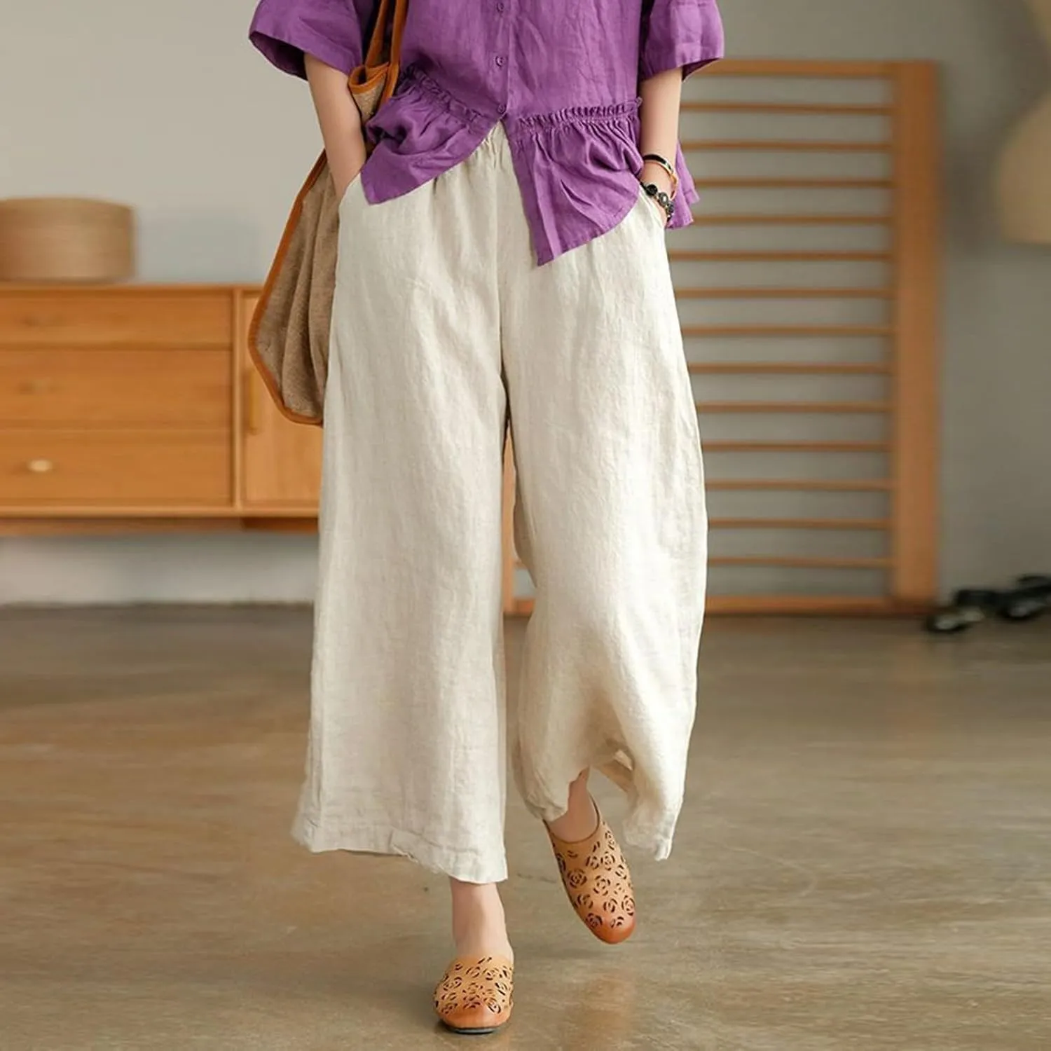 Womens Linen Summer Boho Pant Trousers Elastic Waisted Lounge Pants Plus Size Palazzo Lounge Pants Travel