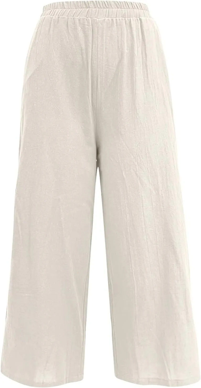 Womens Linen Summer Boho Pant Trousers Elastic Waisted Lounge Pants Plus Size Palazzo Lounge Pants Travel