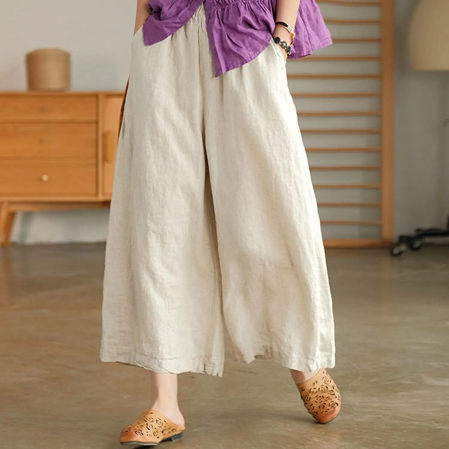 Womens Linen Summer Boho Pant Trousers Elastic Waisted Lounge Pants Plus Size Palazzo Lounge Pants Travel