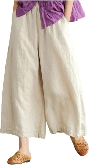 Womens Linen Summer Boho Pant Trousers Elastic Waisted Lounge Pants Plus Size Palazzo Lounge Pants Travel