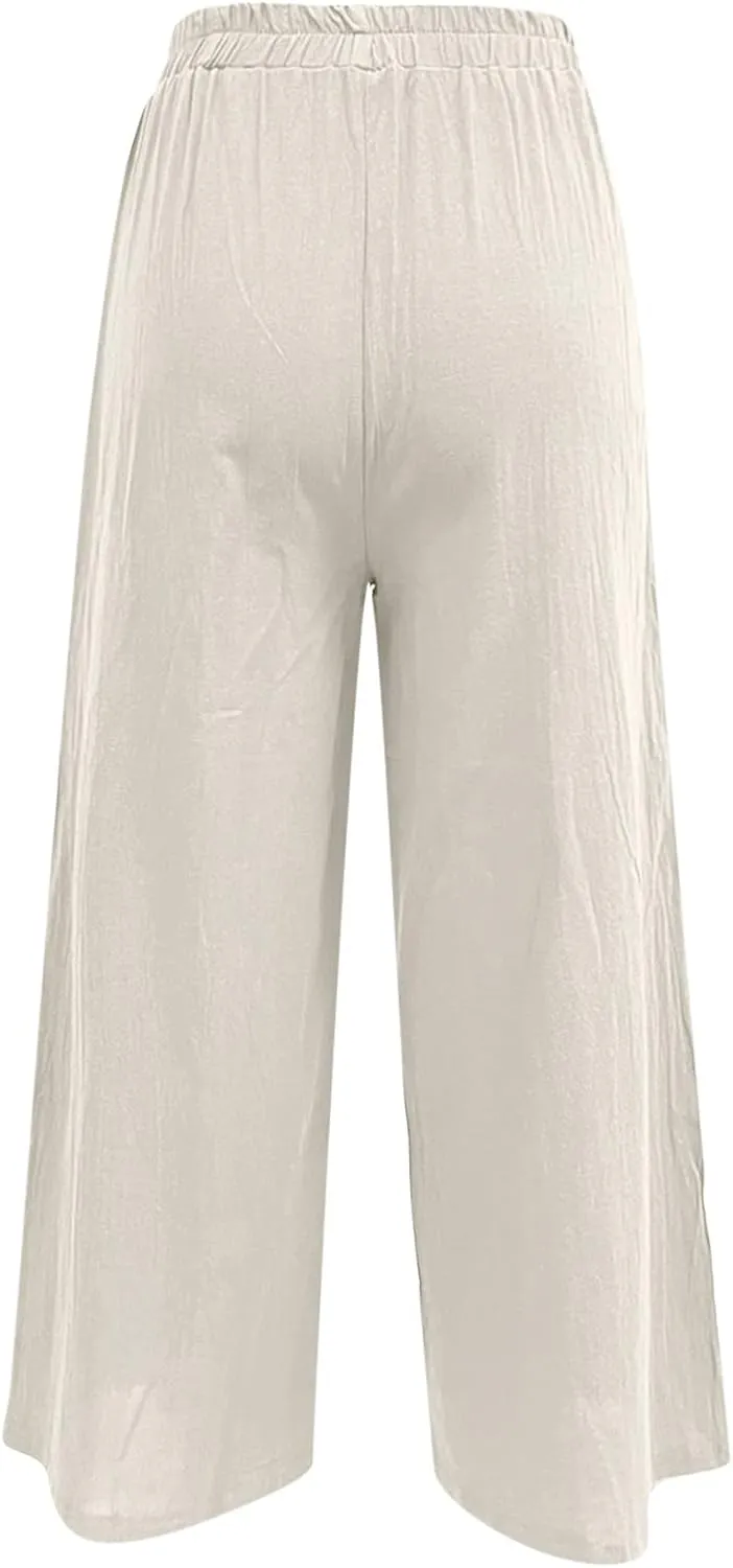 Womens Linen Summer Boho Pant Trousers Elastic Waisted Lounge Pants Plus Size Palazzo Lounge Pants Travel