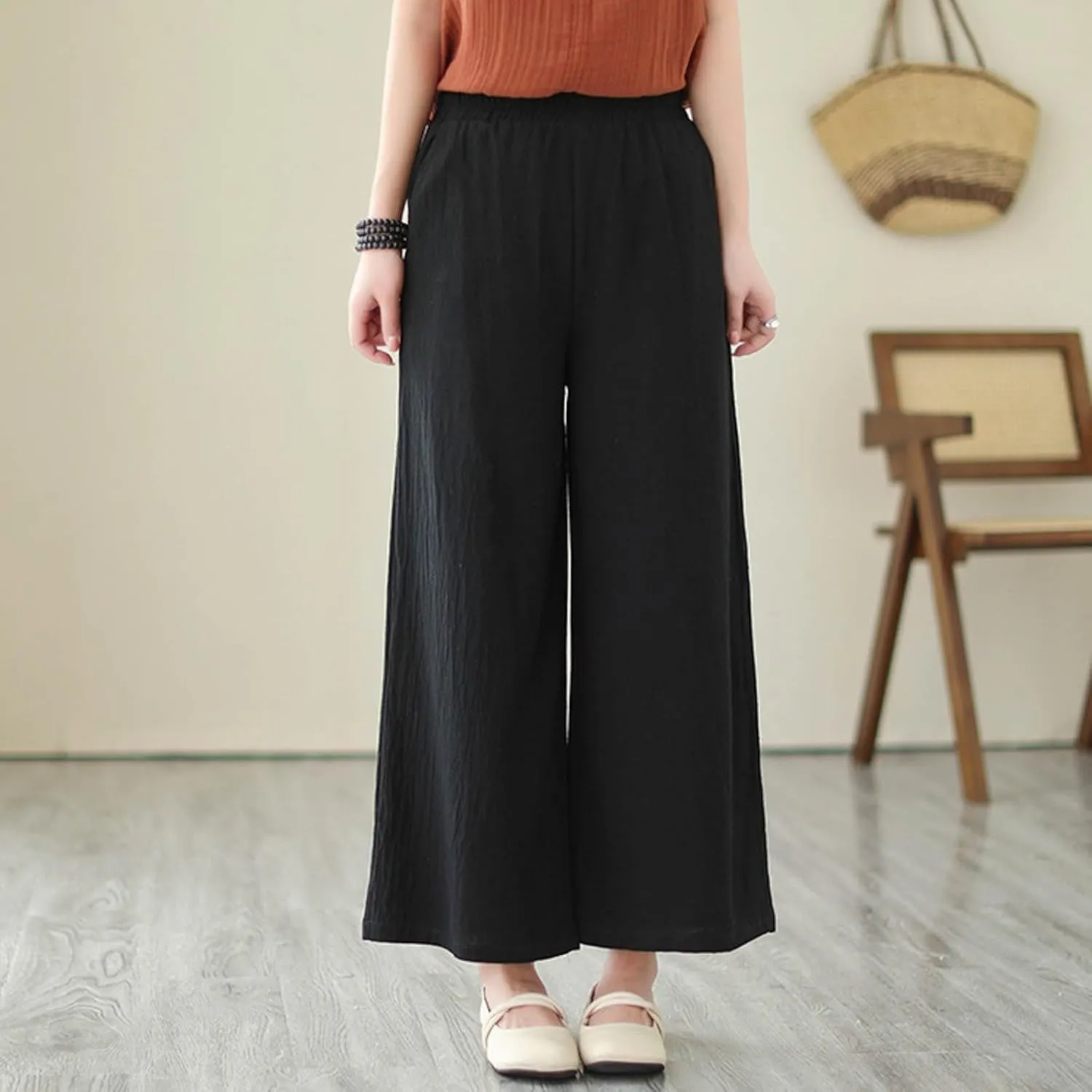 Women's Linen Summer Casual Loose Pant Trousers Elastic Waisted Straight Loose Fit Pant Trousers Work Business
