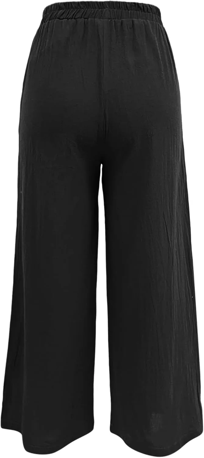 Women's Linen Summer Casual Loose Pant Trousers Elastic Waisted Straight Loose Fit Pant Trousers Work Business