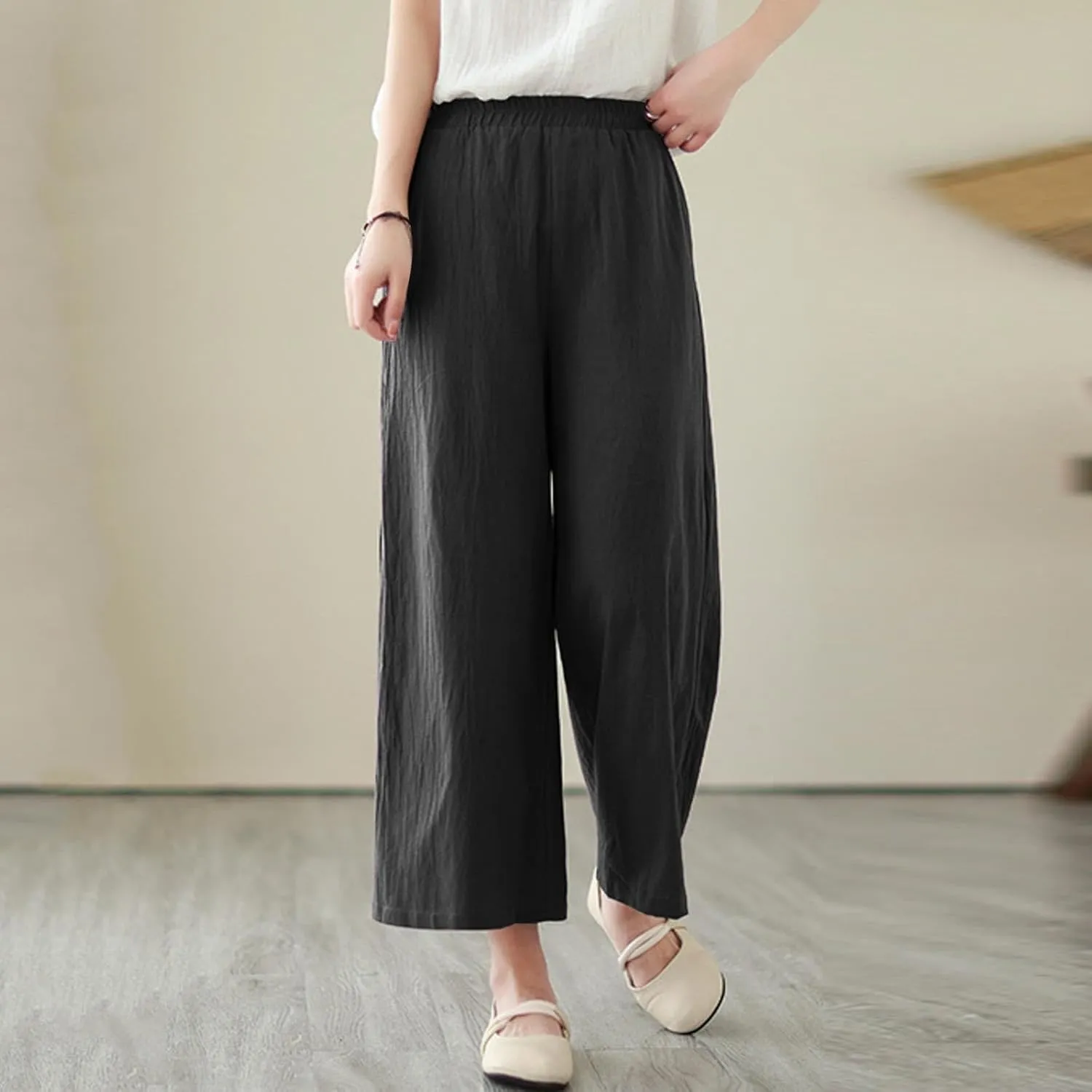 Women's Linen Summer Casual Loose Pant Trousers Elastic Waisted Straight Loose Fit Pant Trousers Work Business