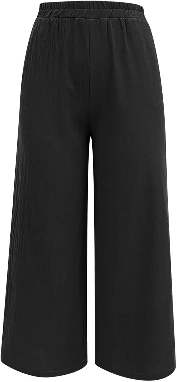 Women's Linen Summer Casual Loose Pant Trousers Elastic Waisted Straight Loose Fit Pant Trousers Work Business