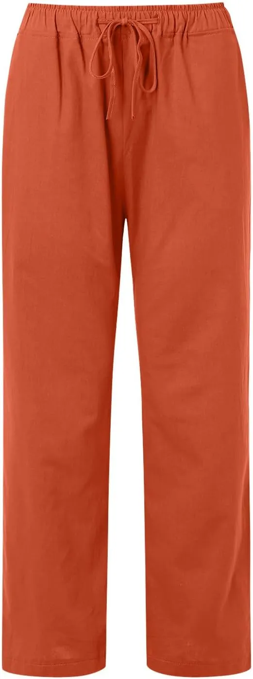 Women's Linen Summer Drawstring Pants High Waist Wide Leg Plus Size Trousers Travel