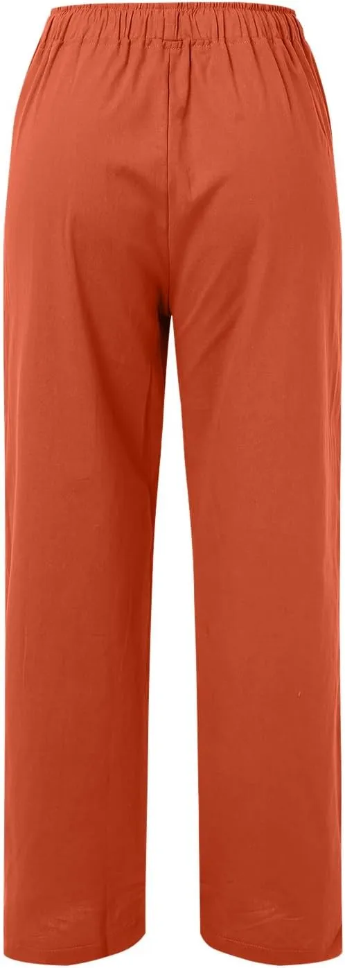 Women's Linen Summer Drawstring Pants High Waist Wide Leg Plus Size Trousers Travel