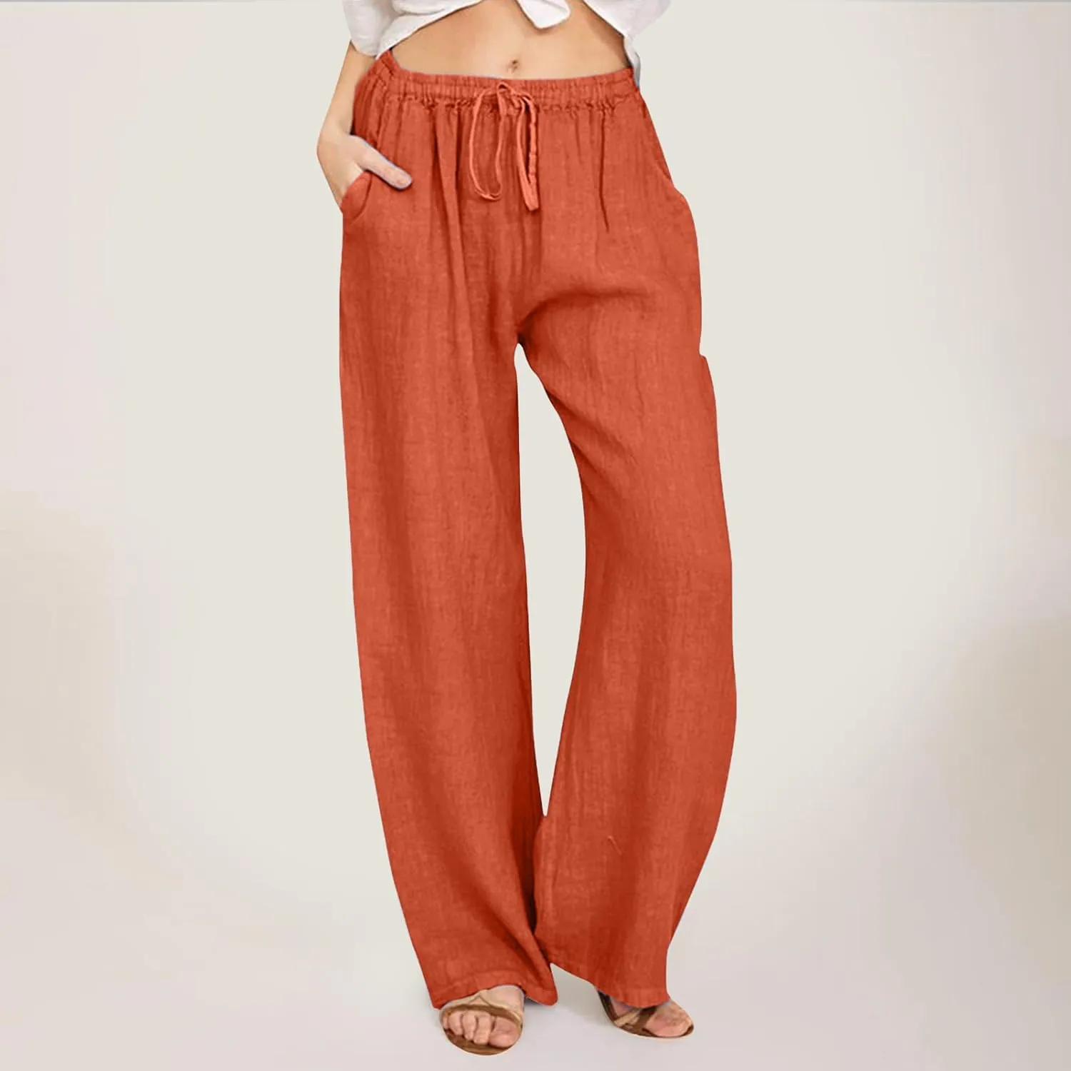 Women's Linen Summer Drawstring Pants High Waist Wide Leg Plus Size Trousers Travel