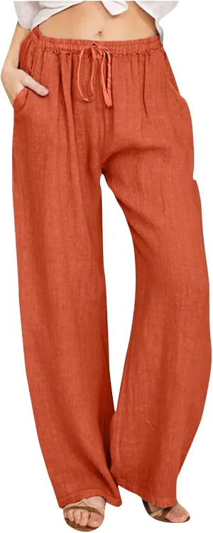 Women's Linen Summer Drawstring Pants High Waist Wide Leg Plus Size Trousers Travel