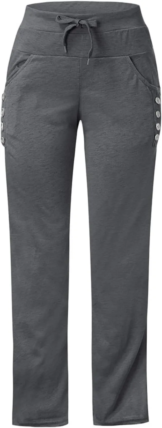 Womens Linen Summer Fashion Palazzo Lounge Pants Elastic Waist Straight Loose Fit Trouser Trendy