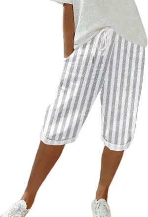 Women's Linen Summer Palazzo Pants Loose Drawstring Casual Solid Color Shorts Casual Elastic Waist Comfy Trousers