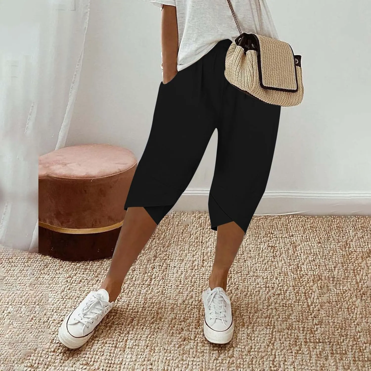 Women's Linen Summer Palazzo Pants Loose Drawstring Casual Solid Color Shorts Casual Elastic Waist Comfy Trousers