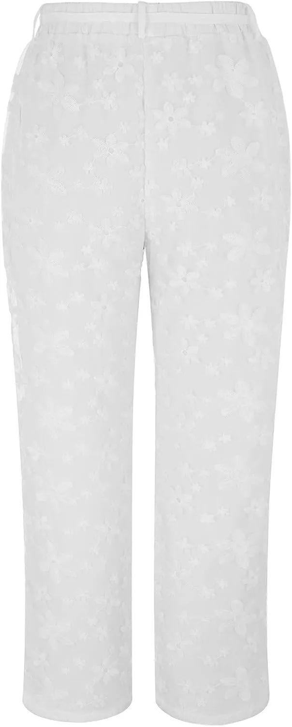Women's Linen Summer Print Palazzo Lounge Pants Elastic Waisted Bootcut Plus Size Trousers Business Work