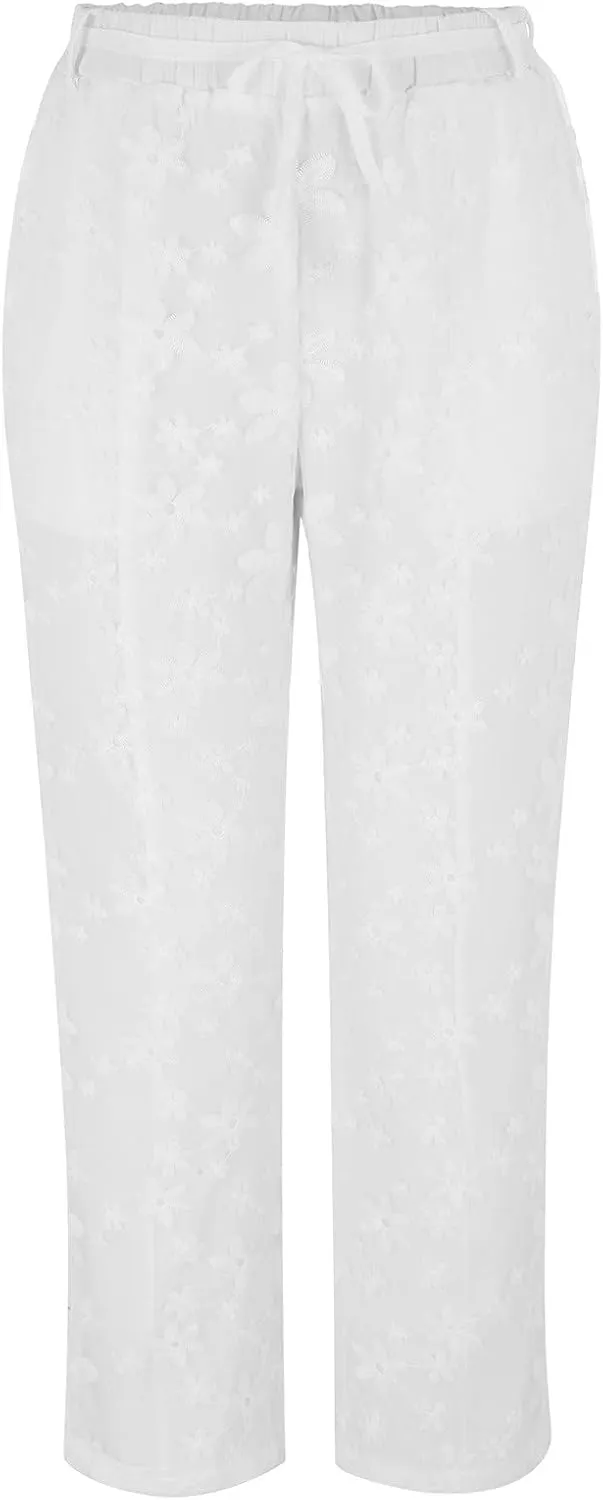 Women's Linen Summer Print Palazzo Lounge Pants Elastic Waisted Bootcut Plus Size Trousers Business Work