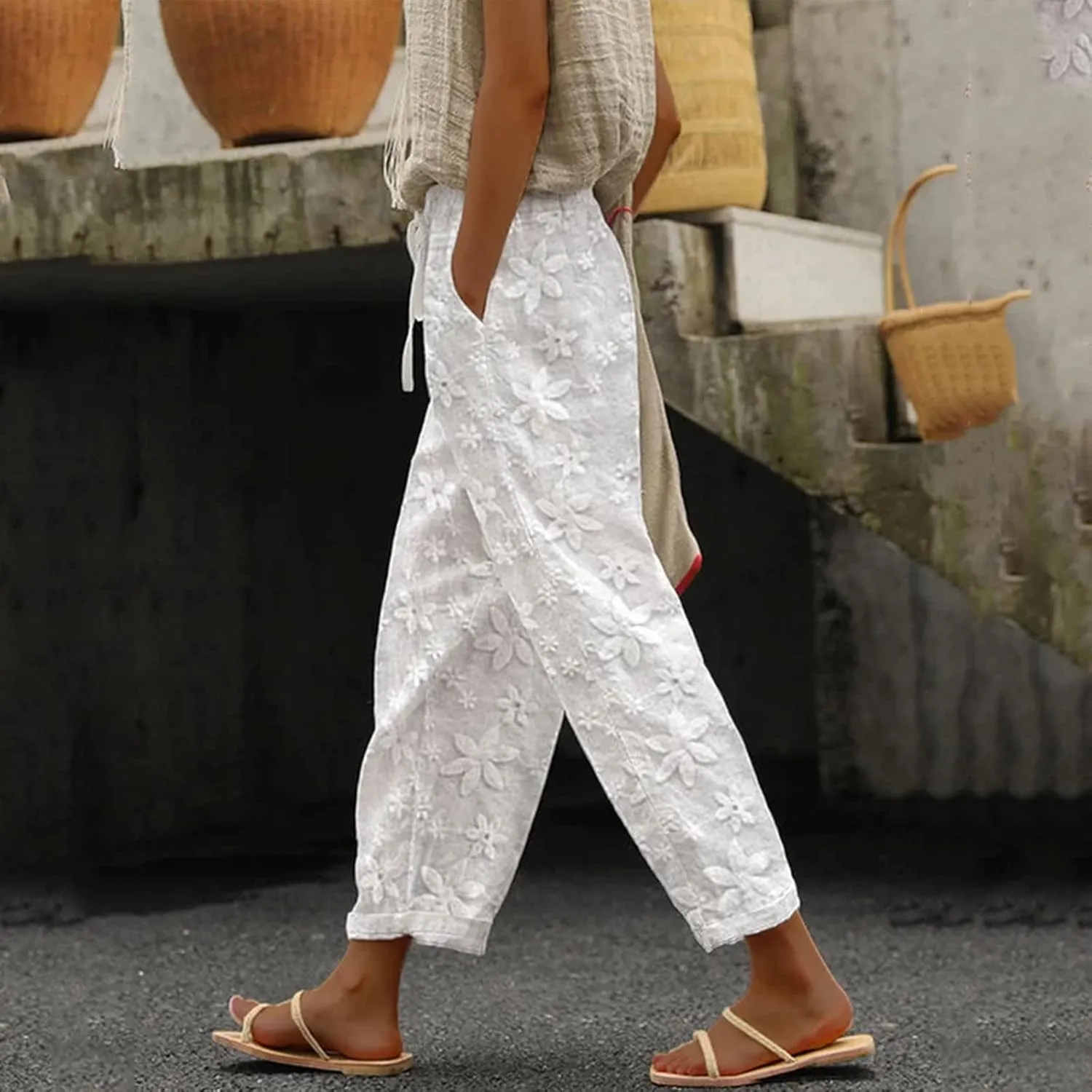 Women's Linen Summer Print Palazzo Lounge Pants Elastic Waisted Bootcut Plus Size Trousers Business Work