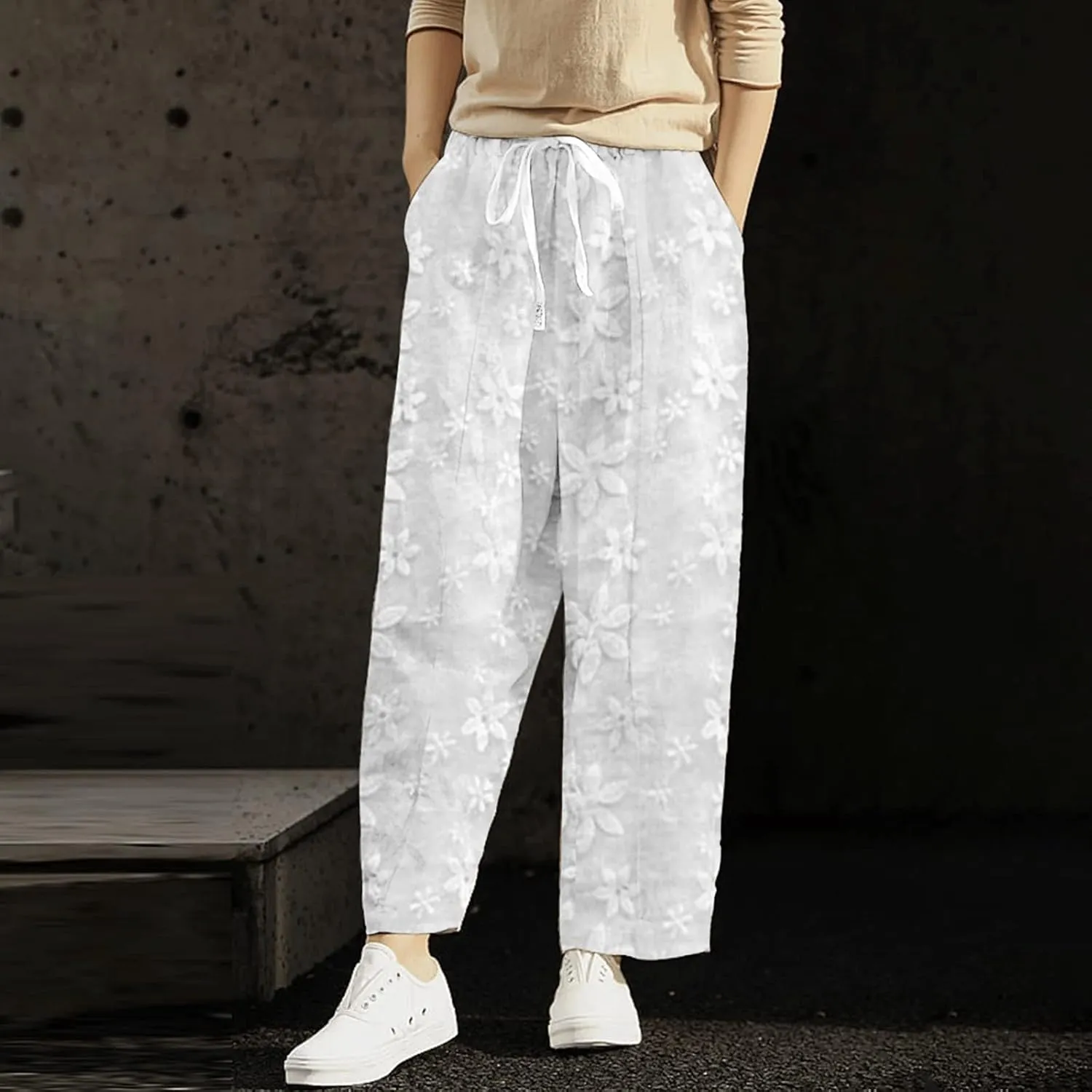 Women's Linen Summer Print Palazzo Lounge Pants Elastic Waisted Bootcut Plus Size Trousers Business Work