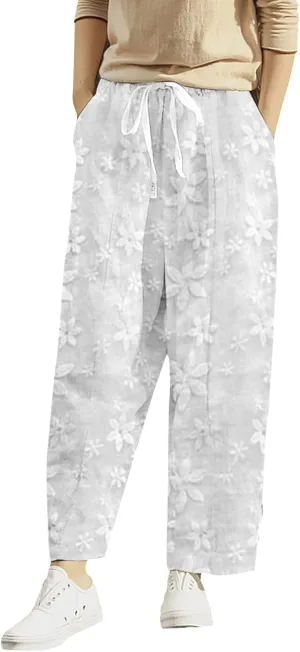 Women's Linen Summer Print Palazzo Lounge Pants Elastic Waisted Bootcut Plus Size Trousers Business Work