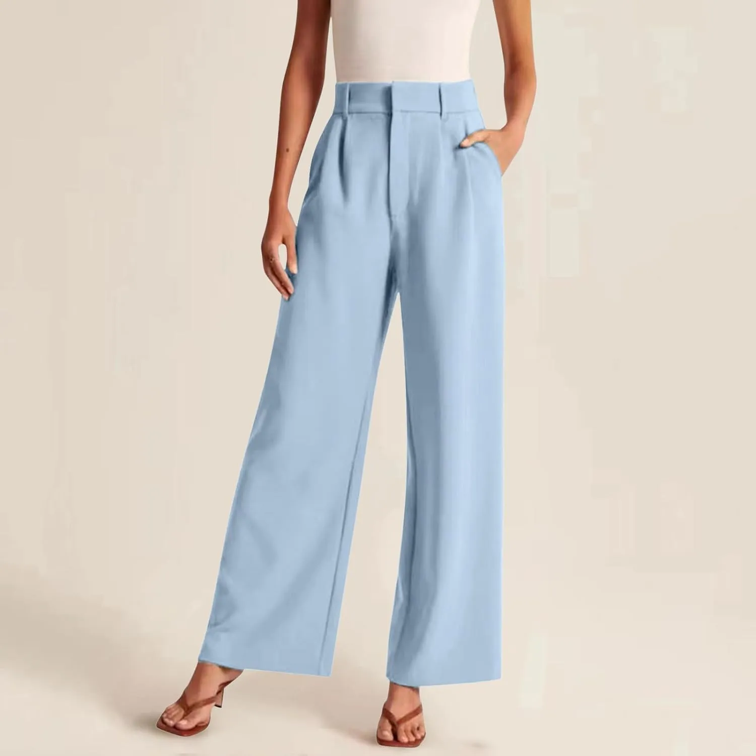 Women's Linen Summer Solid Palazzo Lounge Pants Low Waist Straight Slim-Fit Palazzo Lounge Pants Business Work