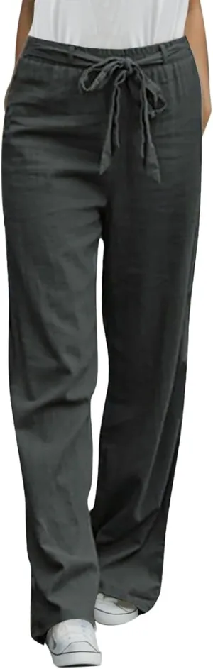Women's Linen Summer Solid Palazzo Pants Elastic Waist Wide Leg Loose Fit Trouser Office