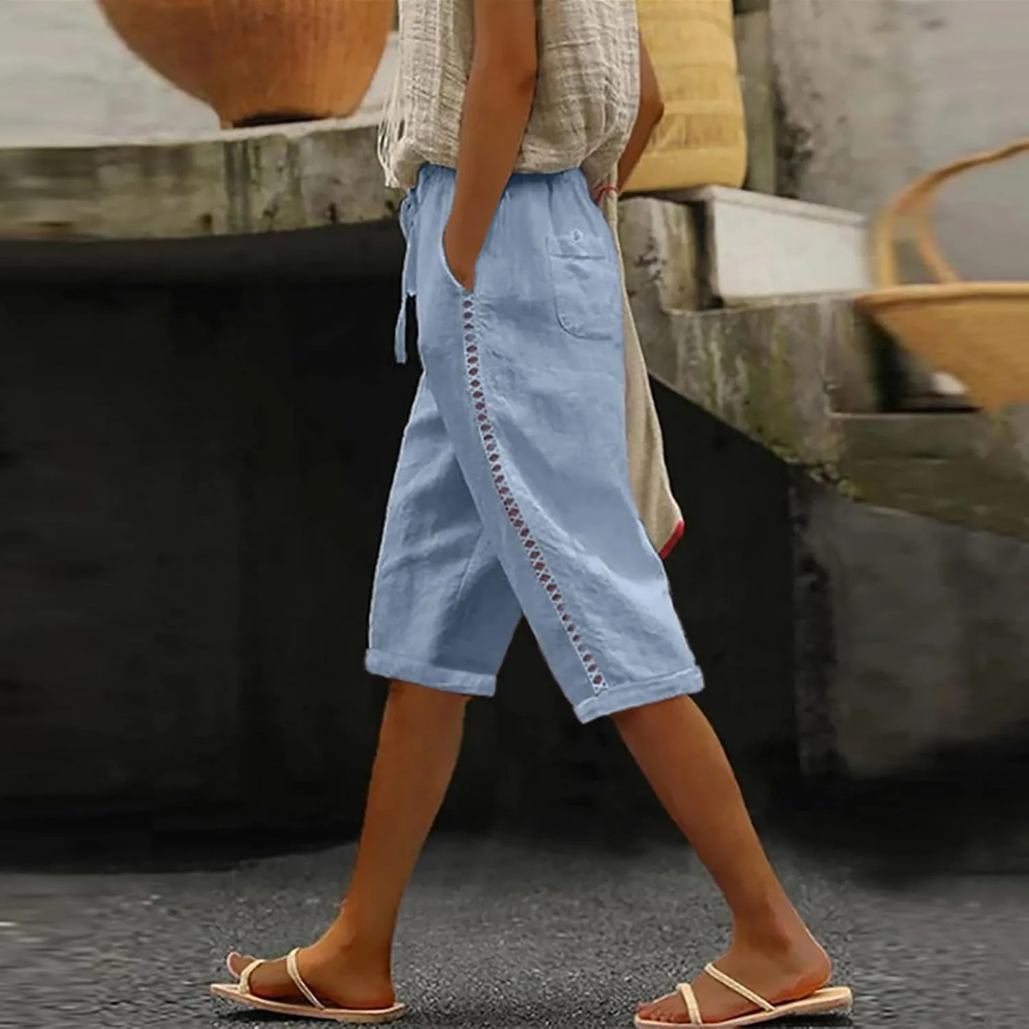 Women's Linen Summer Striped Pants Low Waist Bootcut Slim-Fit Palazzo Lounge Pants Work Business