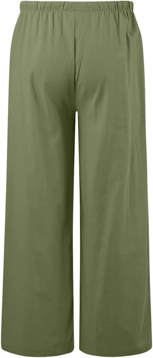 Womens Linen Summer Trendy Palazzo Lounge Pants Elastic Waisted Bootcut Plus Size Palazzo Lounge Pants