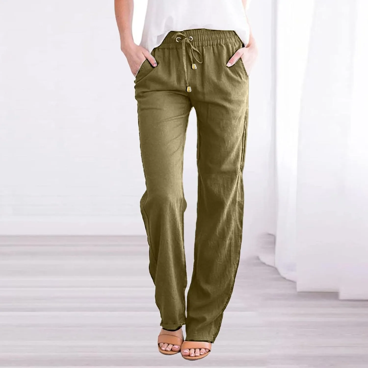 Womens Linen Summer Trendy Palazzo Lounge Pants Elastic Waisted Bootcut Plus Size Palazzo Lounge Pants