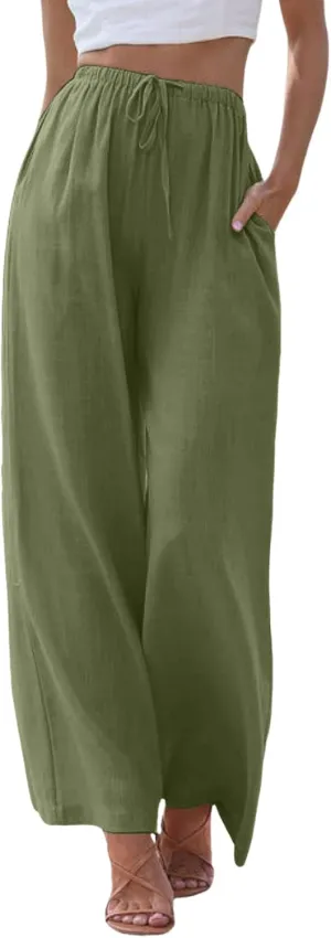 Womens Linen Summer Trendy Palazzo Lounge Pants Elastic Waisted Bootcut Plus Size Palazzo Lounge Pants