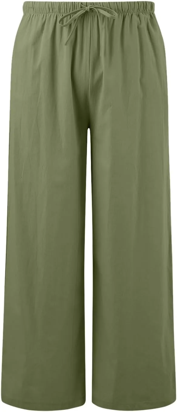 Womens Linen Summer Trendy Palazzo Lounge Pants Elastic Waisted Bootcut Plus Size Palazzo Lounge Pants