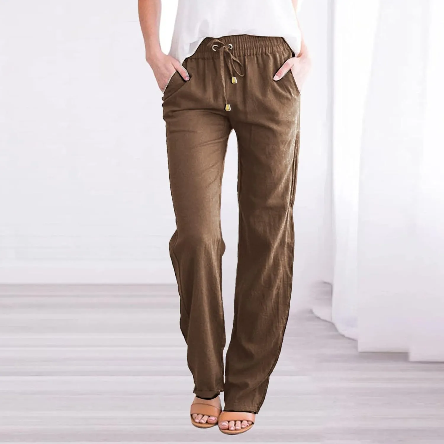 Womens Linen Summer Trendy Palazzo Lounge Pants Elastic Waisted Bootcut Plus Size Palazzo Lounge Pants