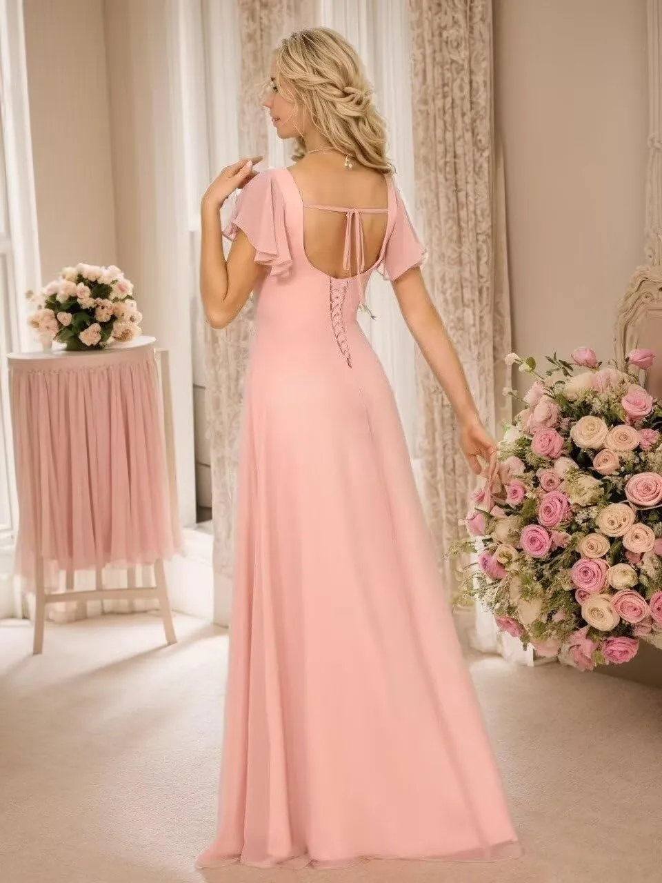 Women's Long Bridesmaid Dresses 2025 Chiffon Short Sleeves Formal Evening Gowns XIN01