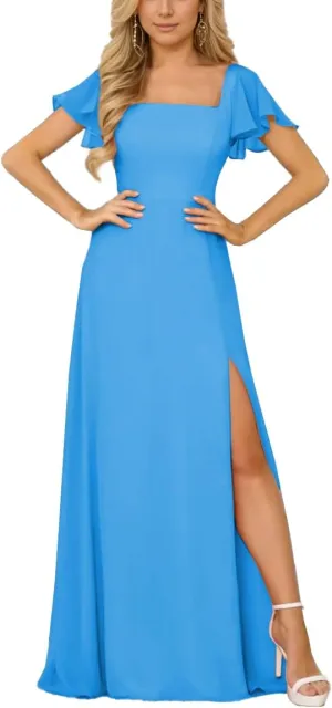 Women's Long Bridesmaid Dresses 2025 Chiffon Short Sleeves Formal Evening Gowns XIN01
