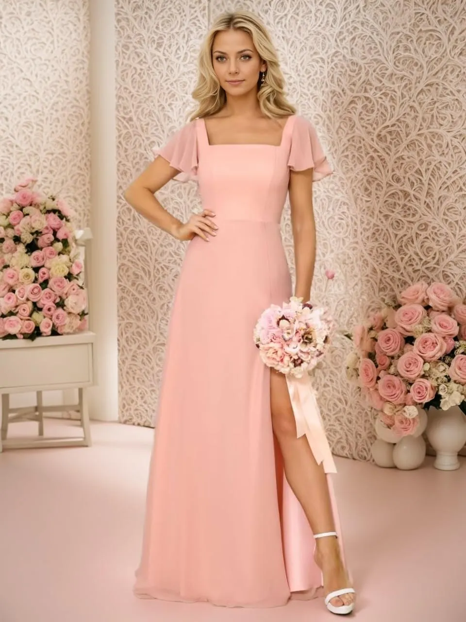 Women's Long Bridesmaid Dresses 2025 Chiffon Short Sleeves Formal Evening Gowns XIN01